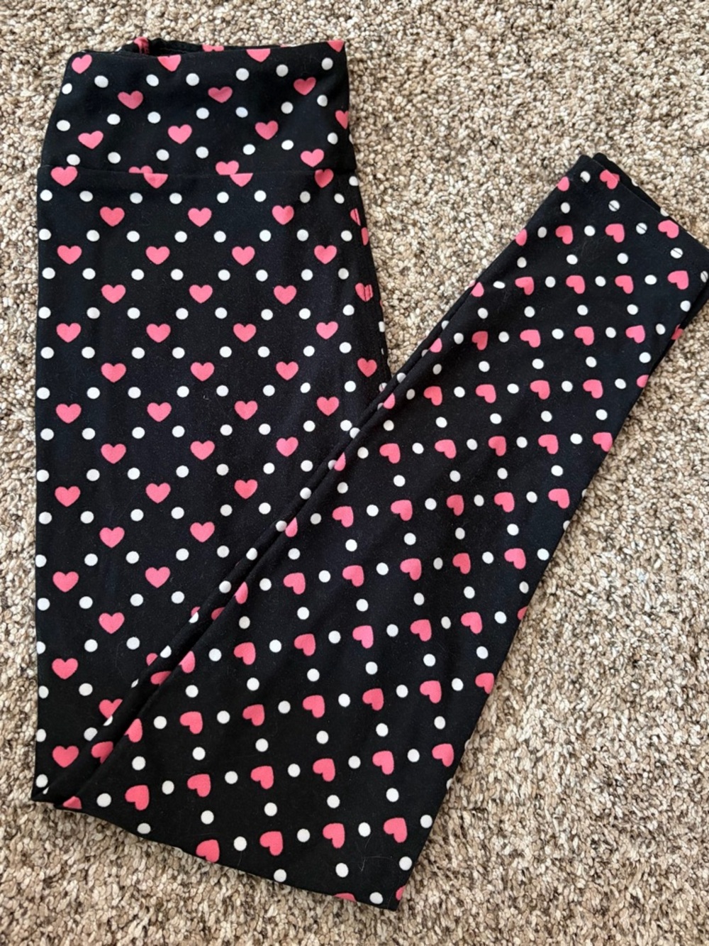 LuLaRoe Black Leggings with Pink Hearts and White Dots